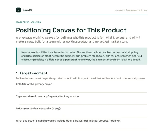 First page of the Positioning Canvas for This Product PDF
