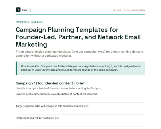 First page of the Campaign Planning Templates for Founder-Led, Partner, and Network Email Marketing PDF