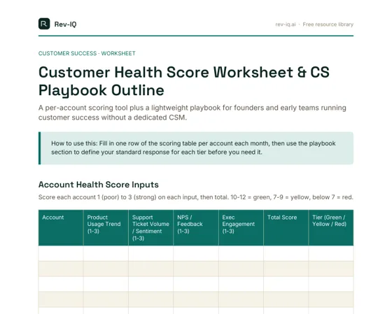 First page of the Customer Health Score Worksheet & CS Playbook Outline PDF