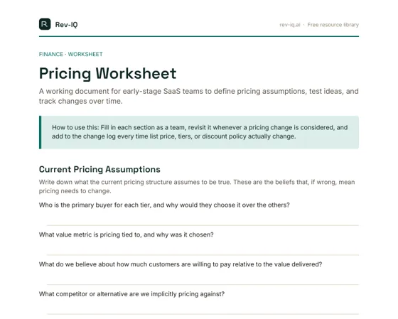 First page of the Pricing Worksheet PDF