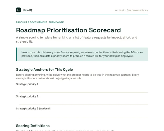 First page of the Roadmap Prioritisation Scorecard PDF