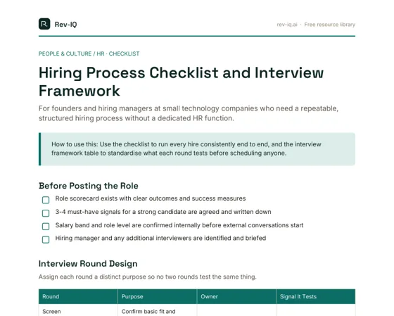 First page of the Hiring Process Checklist and Interview Framework PDF