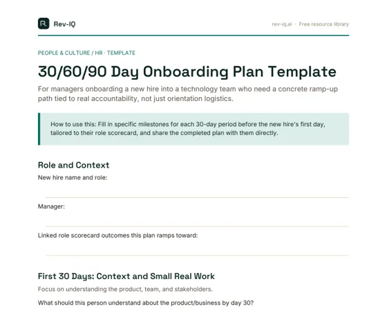 First page of the 30/60/90 Day Onboarding Plan Template PDF
