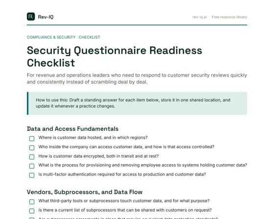 First page of the Security Questionnaire Readiness Checklist PDF
