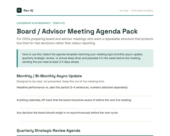 First page of the Board / Advisor Meeting Agenda Pack PDF